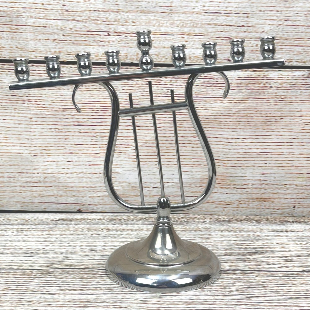 Vintage R.C. Silver Tone Lyre Harp Hanukkah Tilted Menorah Chanukiah